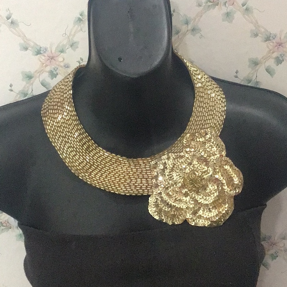 Starkles Gold Vintage 80’s Seed Bead & Sequins Leather Backed Bib Flower Collar.